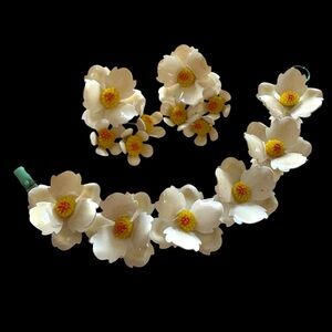 Vintage 50s Celluloid Floral Link Bracelet Earrings Spring Bridal Gardener